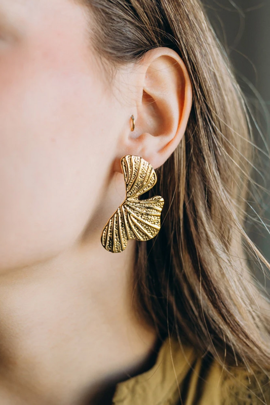 Bijoux Boucles d'Oreilles feuilles martelées 50x28 mm - Acier inoxydable Doré
